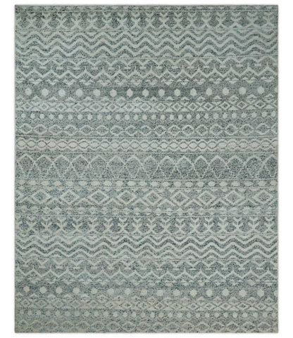 8x10 Hand Knotted Ivory, Gray and Blue Modern Contemporary Southwestern Tribal Trellis Recycled Silk Area Rug.