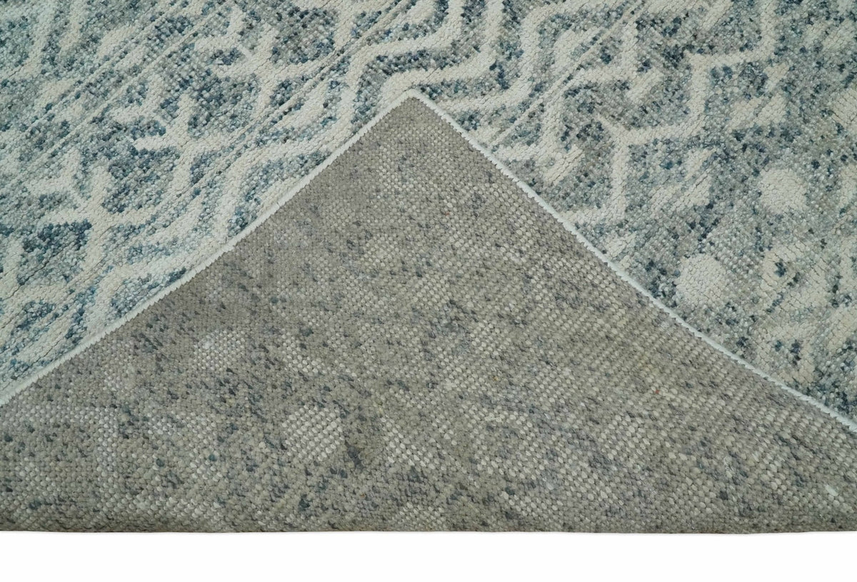 8x10 Hand Knotted Ivory, Gray and Blue Modern Contemporary Southwestern Tribal Trellis Recycled Silk Area Rug.