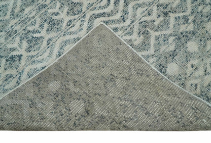 8x10 Hand Knotted Ivory, Gray and Blue Modern Contemporary Southwestern Tribal Trellis Recycled Silk Area Rug.