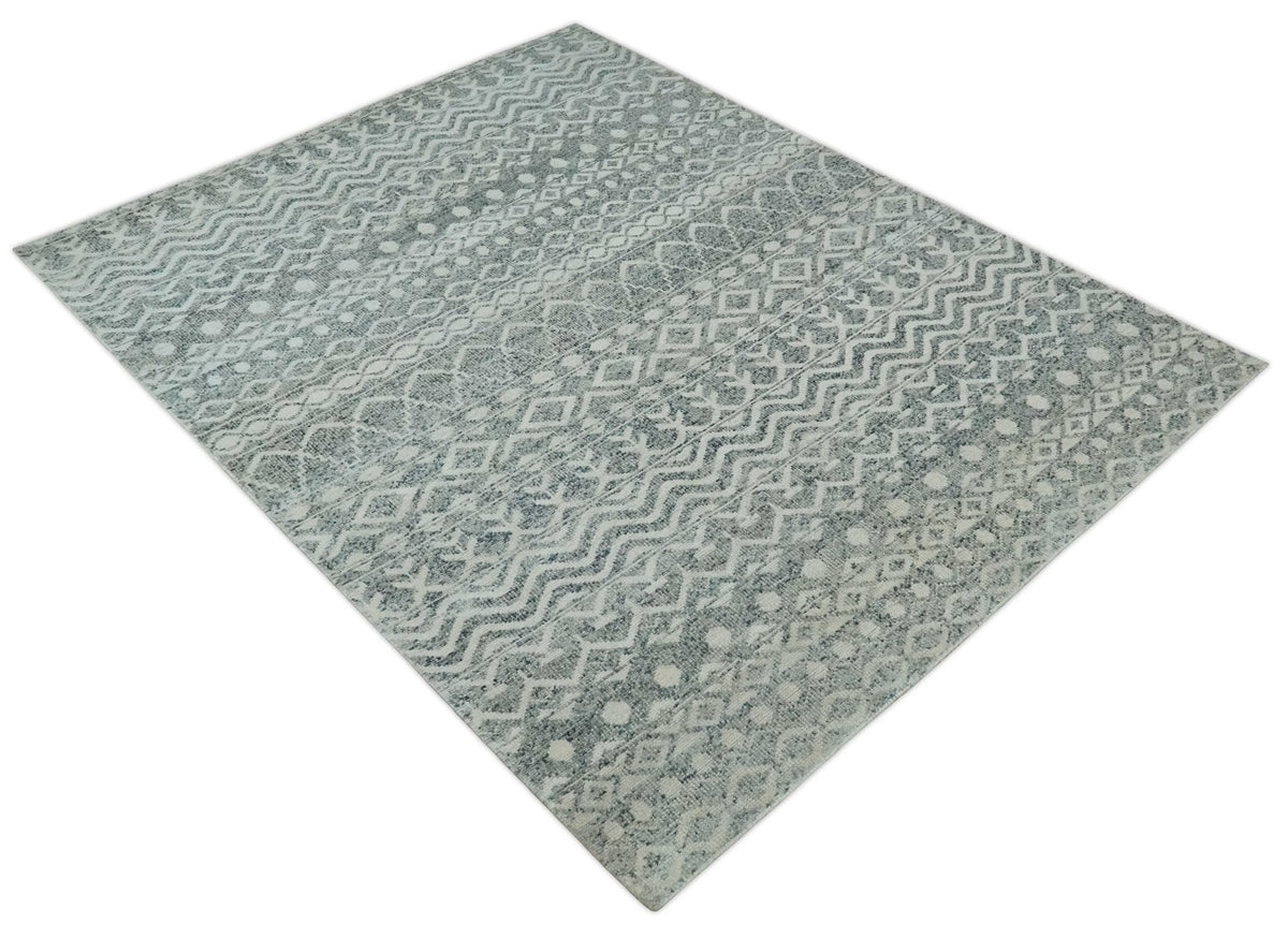 8x10 Hand Knotted Ivory, Gray and Blue Modern Contemporary Southwestern Tribal Trellis Recycled Silk Area Rug.