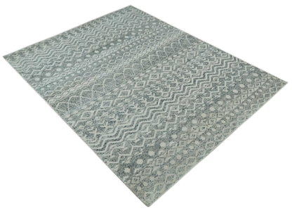 8x10 Hand Knotted Ivory, Gray and Blue Modern Contemporary Southwestern Tribal Trellis Recycled Silk Area Rug.