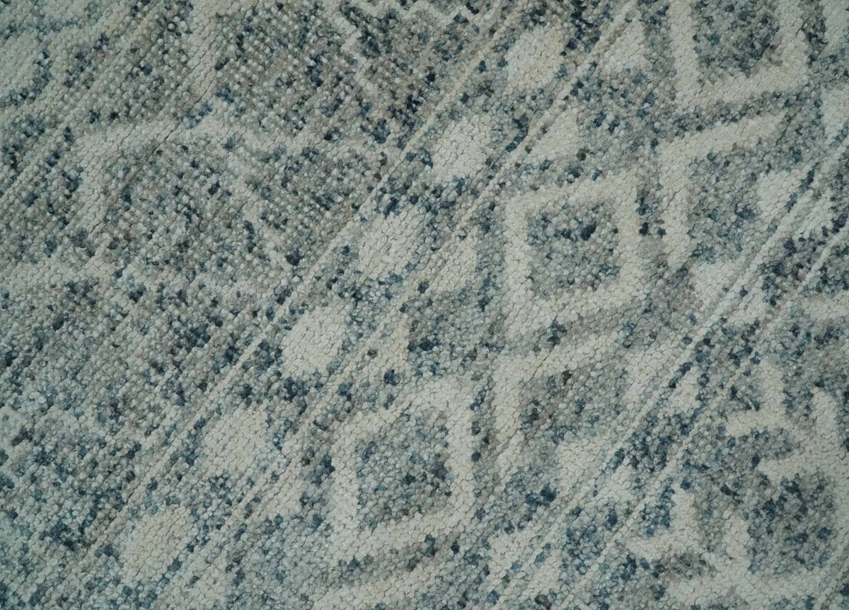 8x10 Hand Knotted Ivory, Gray and Blue Modern Contemporary Southwestern Tribal Trellis Recycled Silk Area Rug.