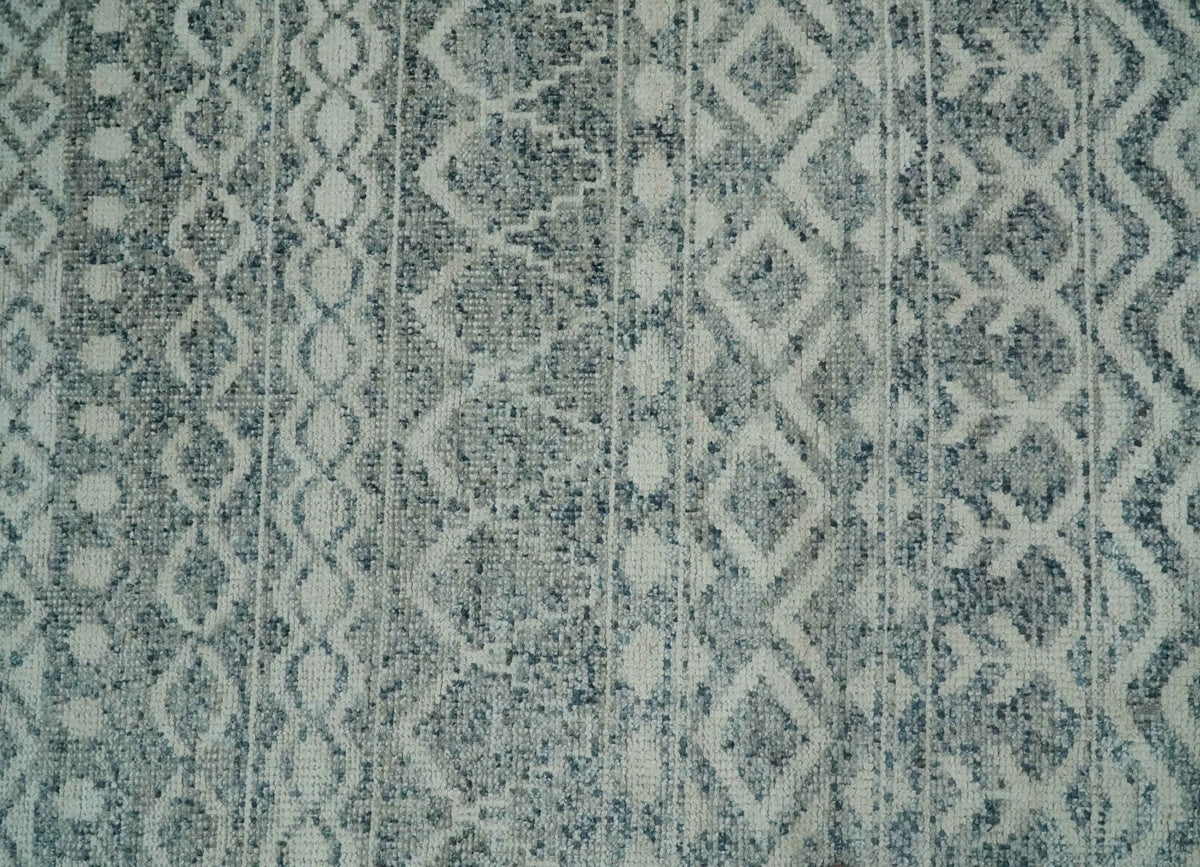 8x10 Hand Knotted Ivory, Gray and Blue Modern Contemporary Southwestern Tribal Trellis Recycled Silk Area Rug.