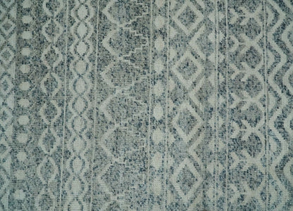 8x10 Hand Knotted Ivory, Gray and Blue Modern Contemporary Southwestern Tribal Trellis Recycled Silk Area Rug.