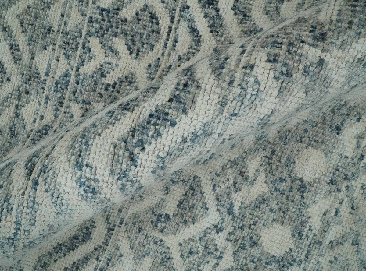 8x10 Hand Knotted Ivory, Gray and Blue Modern Contemporary Southwestern Tribal Trellis Recycled Silk Area Rug.