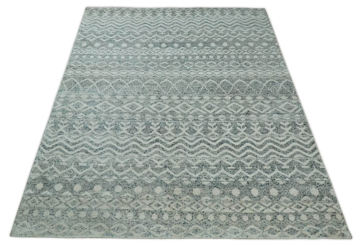 8x10 Hand Knotted Ivory, Gray and Blue Modern Contemporary Southwestern Tribal Trellis Recycled Silk Area Rug.
