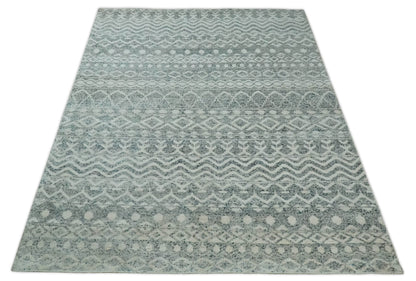 8x10 Hand Knotted Ivory, Gray and Blue Modern Contemporary Southwestern Tribal Trellis Recycled Silk Area Rug.