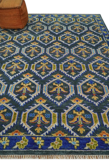 Hand Knotted Blue, Gold and Moss Green Vintage Style Custom Made wool Area Rug.