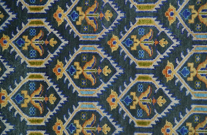 Hand Knotted Blue, Gold and Moss Green Vintage Style Custom Made wool Area Rug.