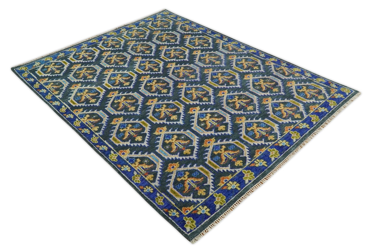 Hand Knotted Blue, Gold and Moss Green Vintage Style Custom Made wool Area Rug.