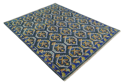 Hand Knotted Blue, Gold and Moss Green Vintage Style Custom Made wool Area Rug.