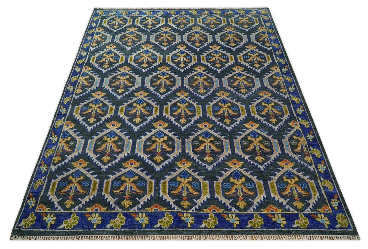 Hand Knotted Blue, Gold and Moss Green Vintage Style Custom Made wool Area Rug.