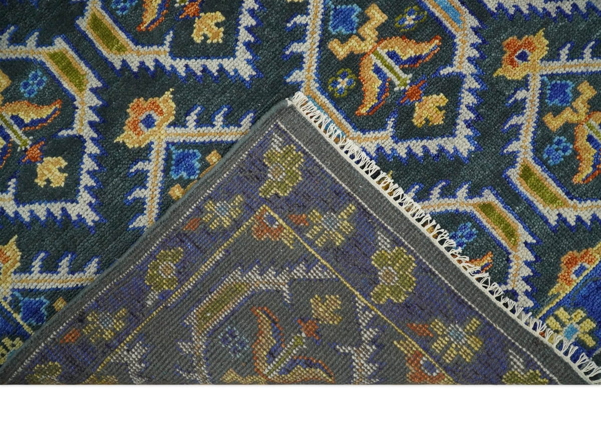 Hand Knotted Blue, Gold and Moss Green Vintage Style Custom Made wool Area Rug.
