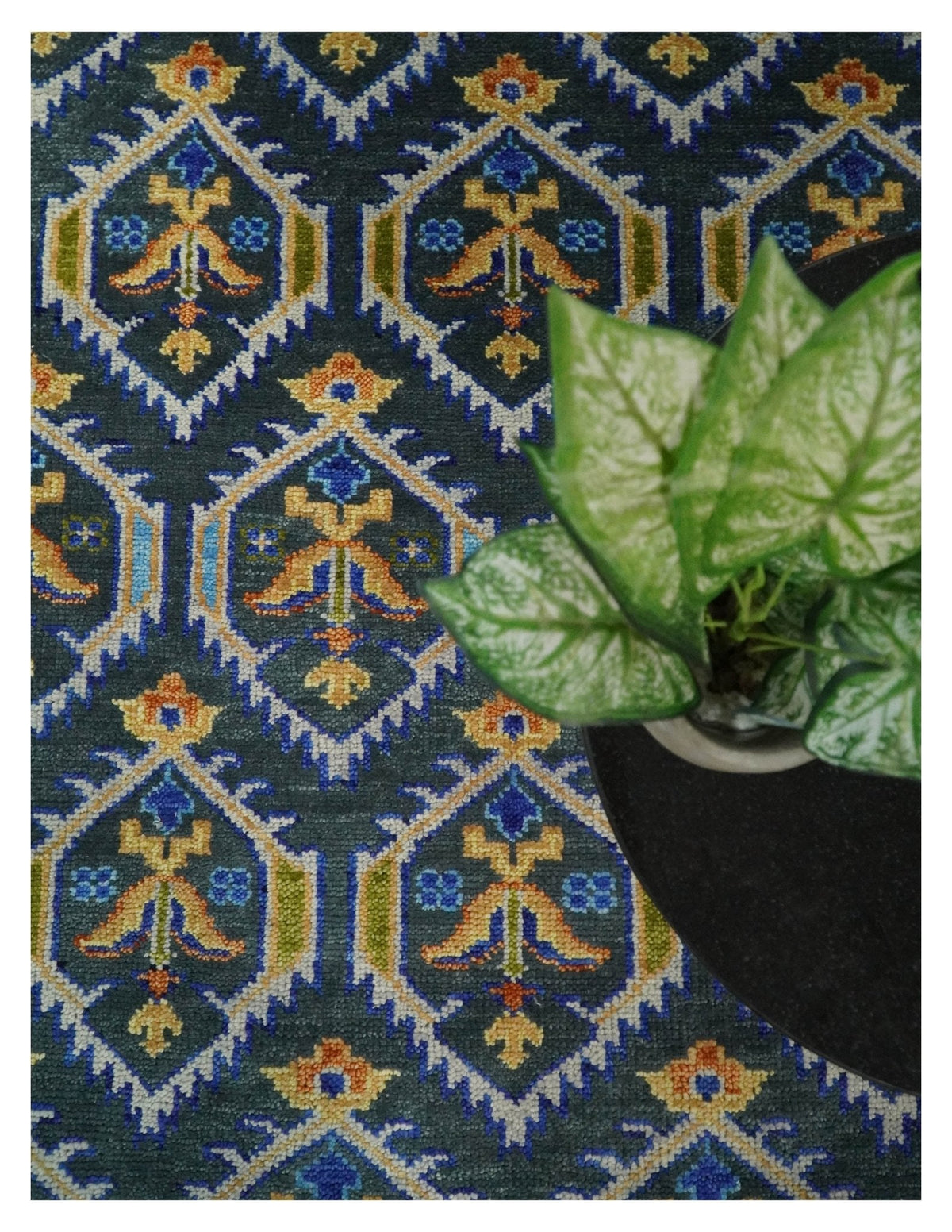 Hand Knotted Blue, Gold and Moss Green Vintage Style Custom Made wool Area Rug.