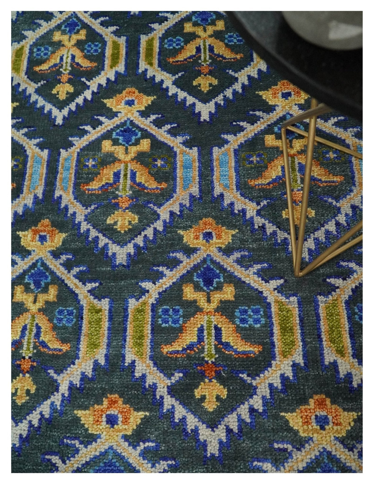 Hand Knotted Blue, Gold and Moss Green Vintage Style Custom Made wool Area Rug.