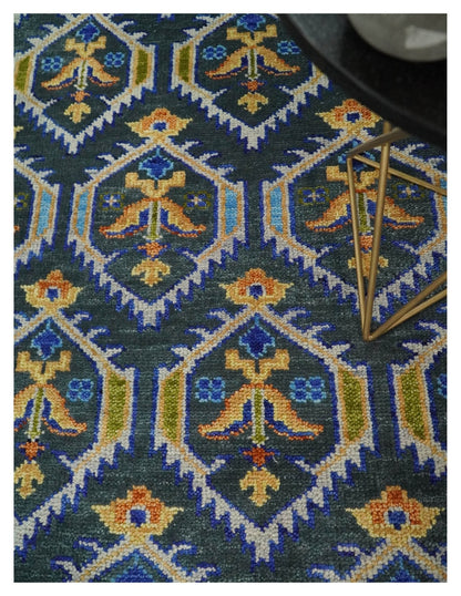 Hand Knotted Blue, Gold and Moss Green Vintage Style Custom Made wool Area Rug.