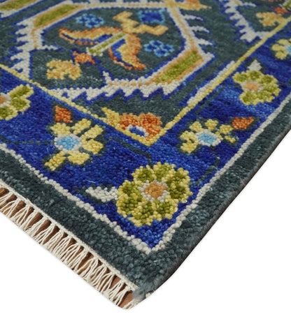 Hand Knotted Blue, Gold and Moss Green Vintage Style Custom Made wool Area Rug.