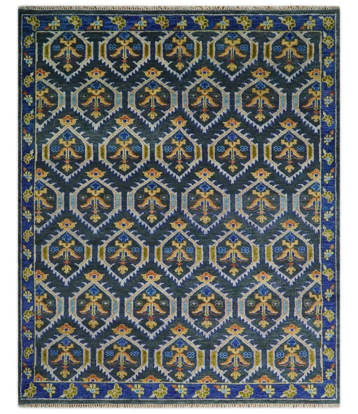 Hand Knotted Blue, Gold and Moss Green Vintage Style Custom Made wool Area Rug.