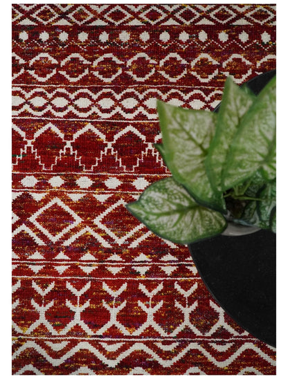 8x10 Hand Knotted Rust, Gold and White Modern Contemporary Southwestern Tribal Trellis Recycled Silk Area Rug.