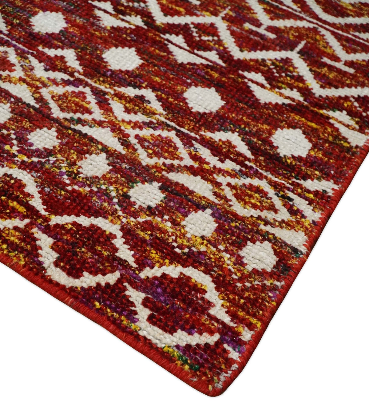 8x10 Hand Knotted Rust, Gold and White Modern Contemporary Southwestern Tribal Trellis Recycled Silk Area Rug.