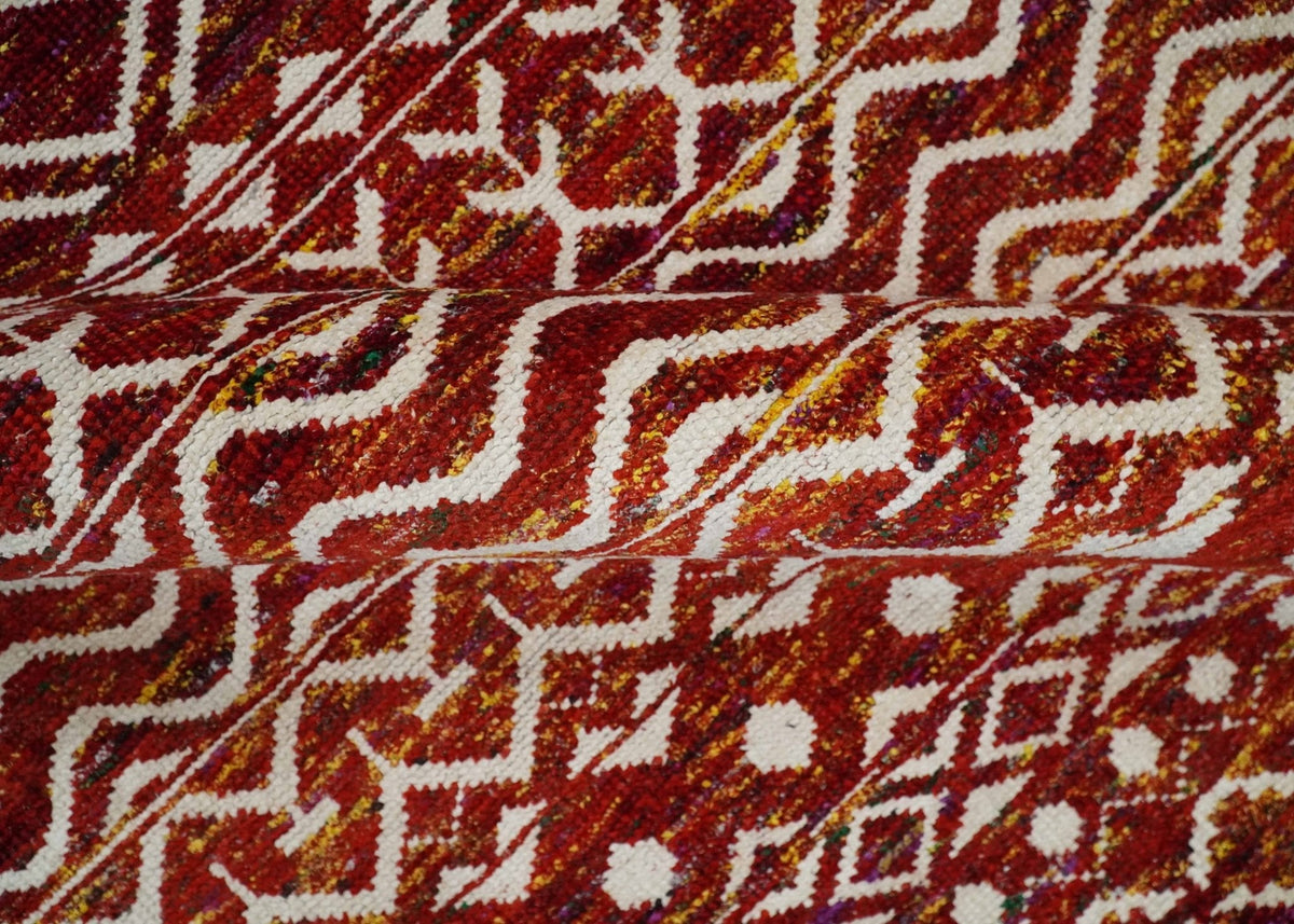 8x10 Hand Knotted Rust, Gold and White Modern Contemporary Southwestern Tribal Trellis Recycled Silk Area Rug.