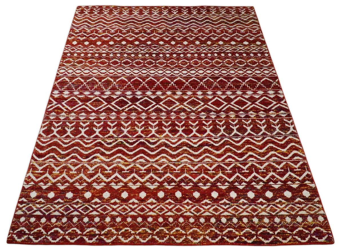 8x10 Hand Knotted Rust, Gold and White Modern Contemporary Southwestern Tribal Trellis Recycled Silk Area Rug.