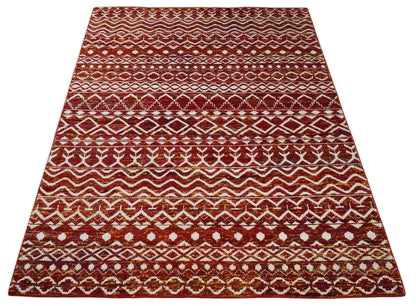 8x10 Hand Knotted Rust, Gold and White Modern Contemporary Southwestern Tribal Trellis Recycled Silk Area Rug.