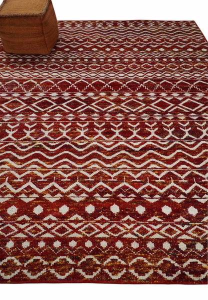 8x10 Hand Knotted Rust, Gold and White Modern Contemporary Southwestern Tribal Trellis Recycled Silk Area Rug.