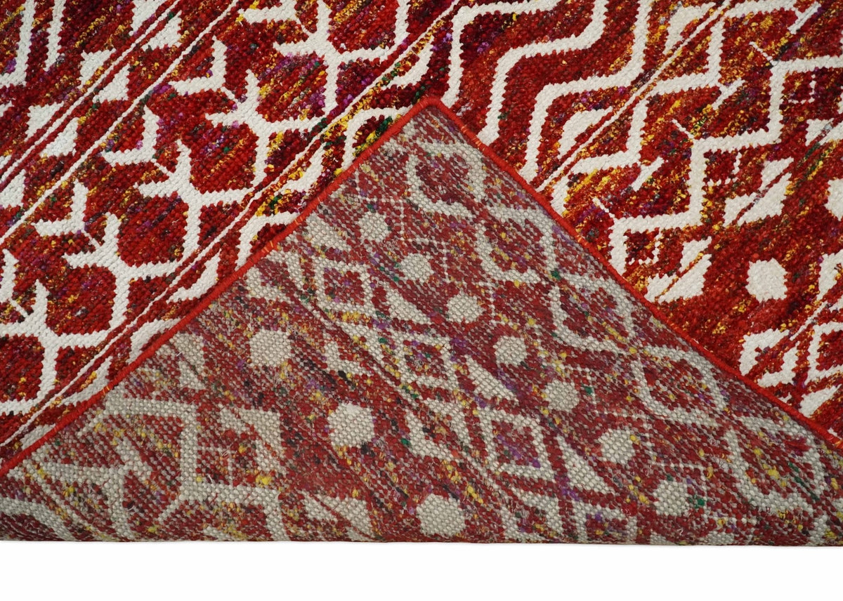 8x10 Hand Knotted Rust, Gold and White Modern Contemporary Southwestern Tribal Trellis Recycled Silk Area Rug.