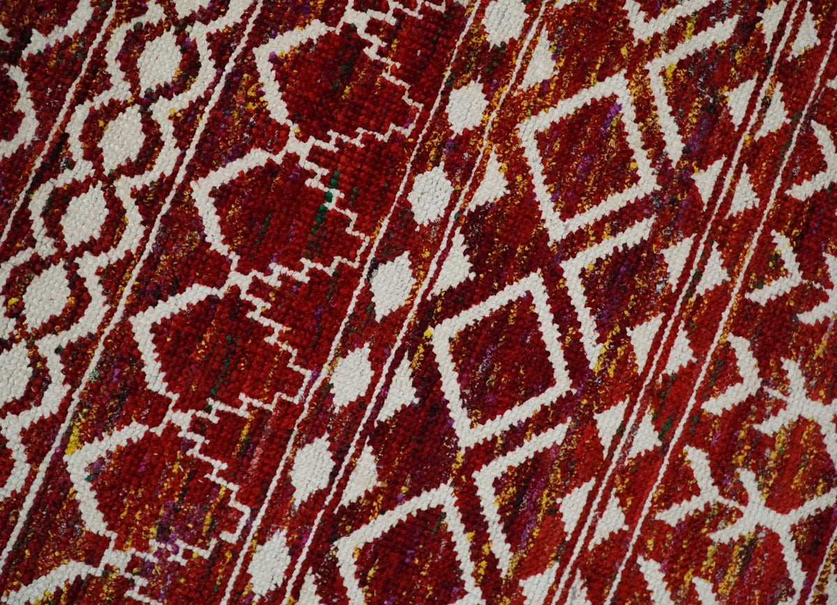 8x10 Hand Knotted Rust, Gold and White Modern Contemporary Southwestern Tribal Trellis Recycled Silk Area Rug.