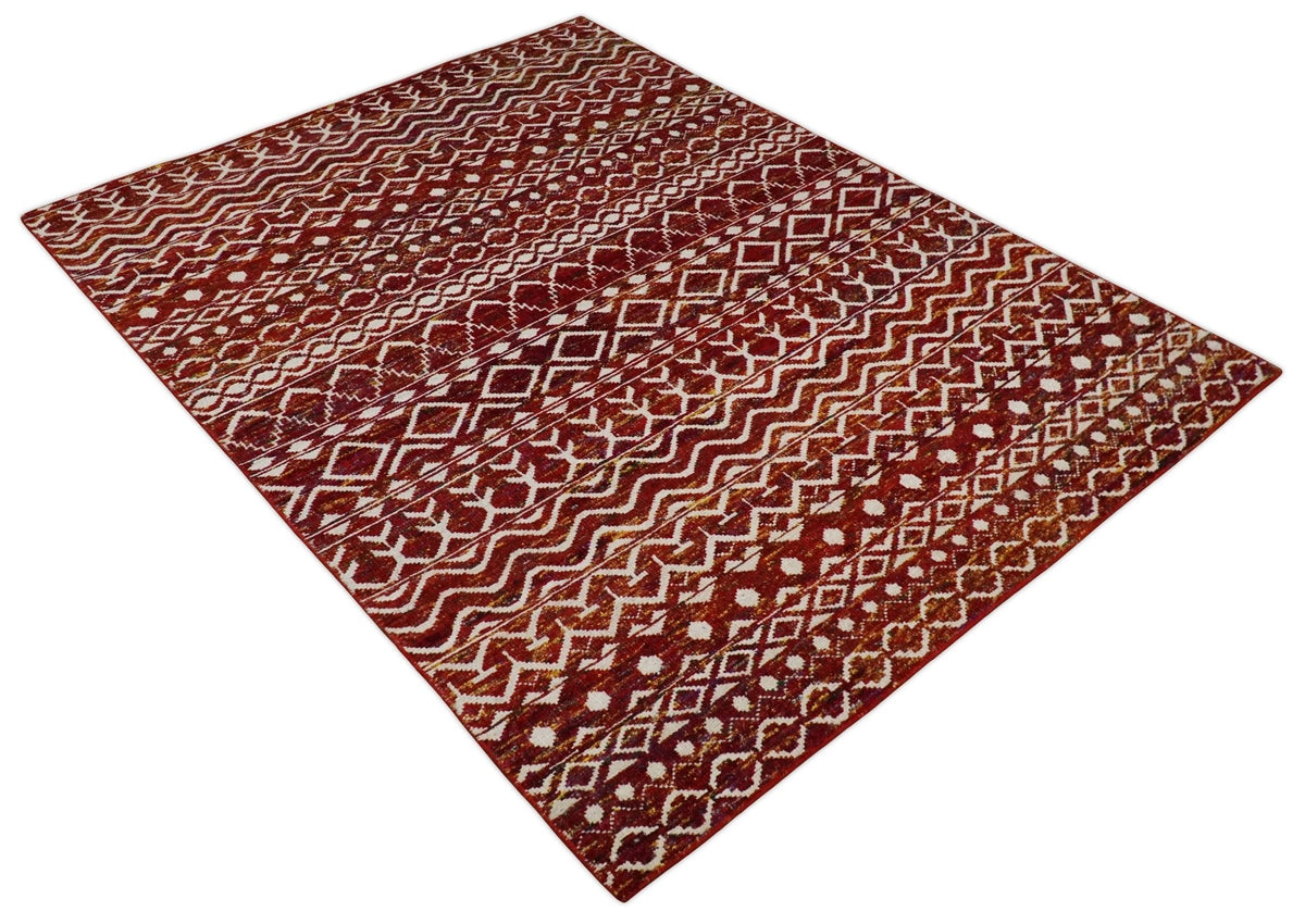 8x10 Hand Knotted Rust, Gold and White Modern Contemporary Southwestern Tribal Trellis Recycled Silk Area Rug.
