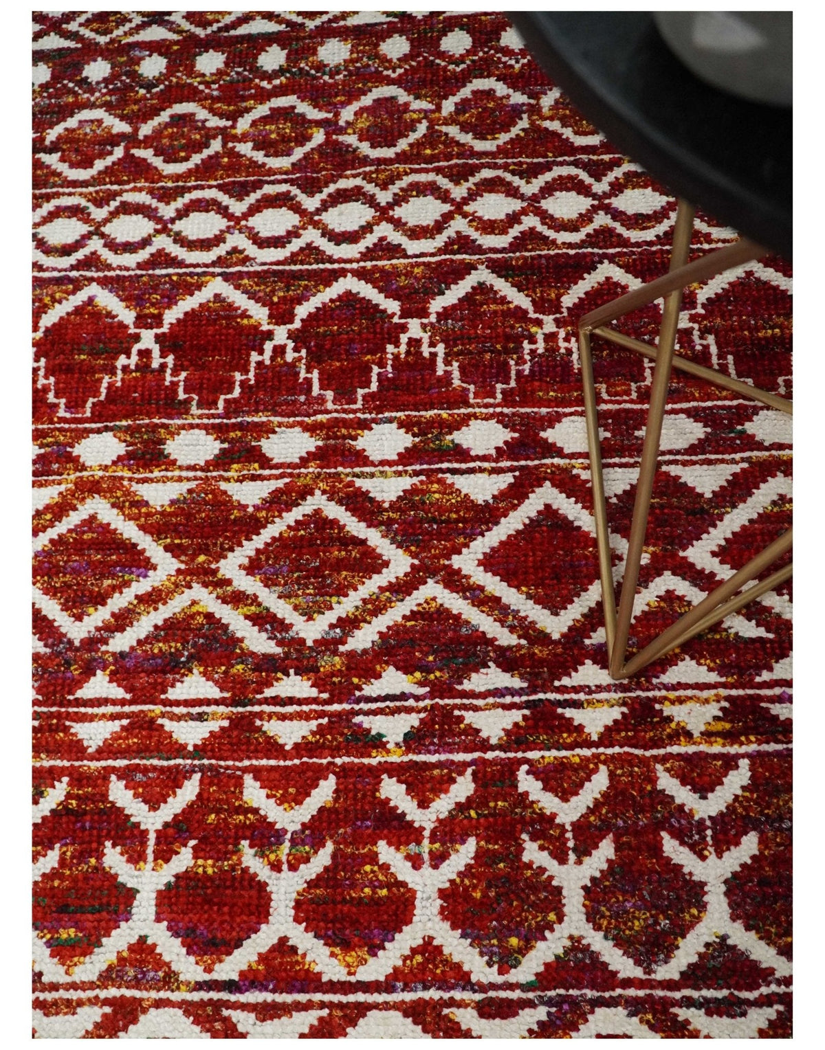 8x10 Hand Knotted Rust, Gold and White Modern Contemporary Southwestern Tribal Trellis Recycled Silk Area Rug.