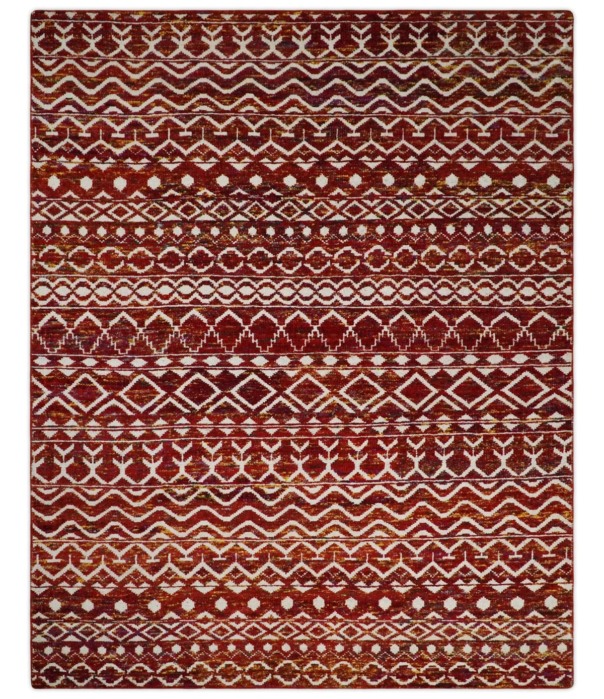 8x10 Hand Knotted Rust, Gold and White Modern Contemporary Southwestern Tribal Trellis Recycled Silk Area Rug.