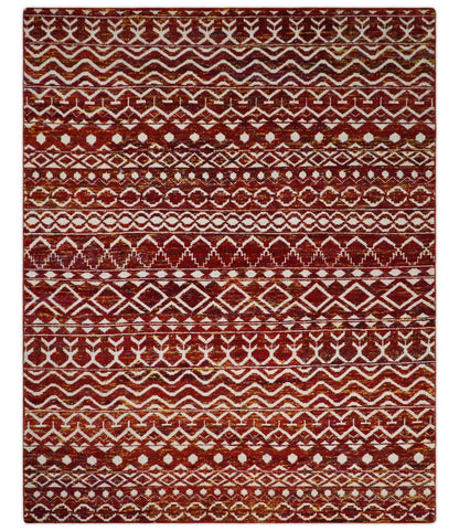 8x10 Hand Knotted Rust, Gold and White Modern Contemporary Southwestern Tribal Trellis Recycled Silk Area Rug.