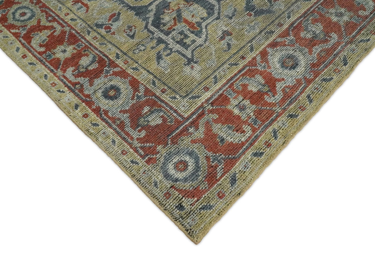 Distressed finished Beige and Brown Traditional Heriz Hand Knotted Wool Area Rug.
