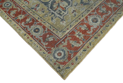 Distressed finished Beige and Brown Traditional Heriz Hand Knotted Wool Area Rug.