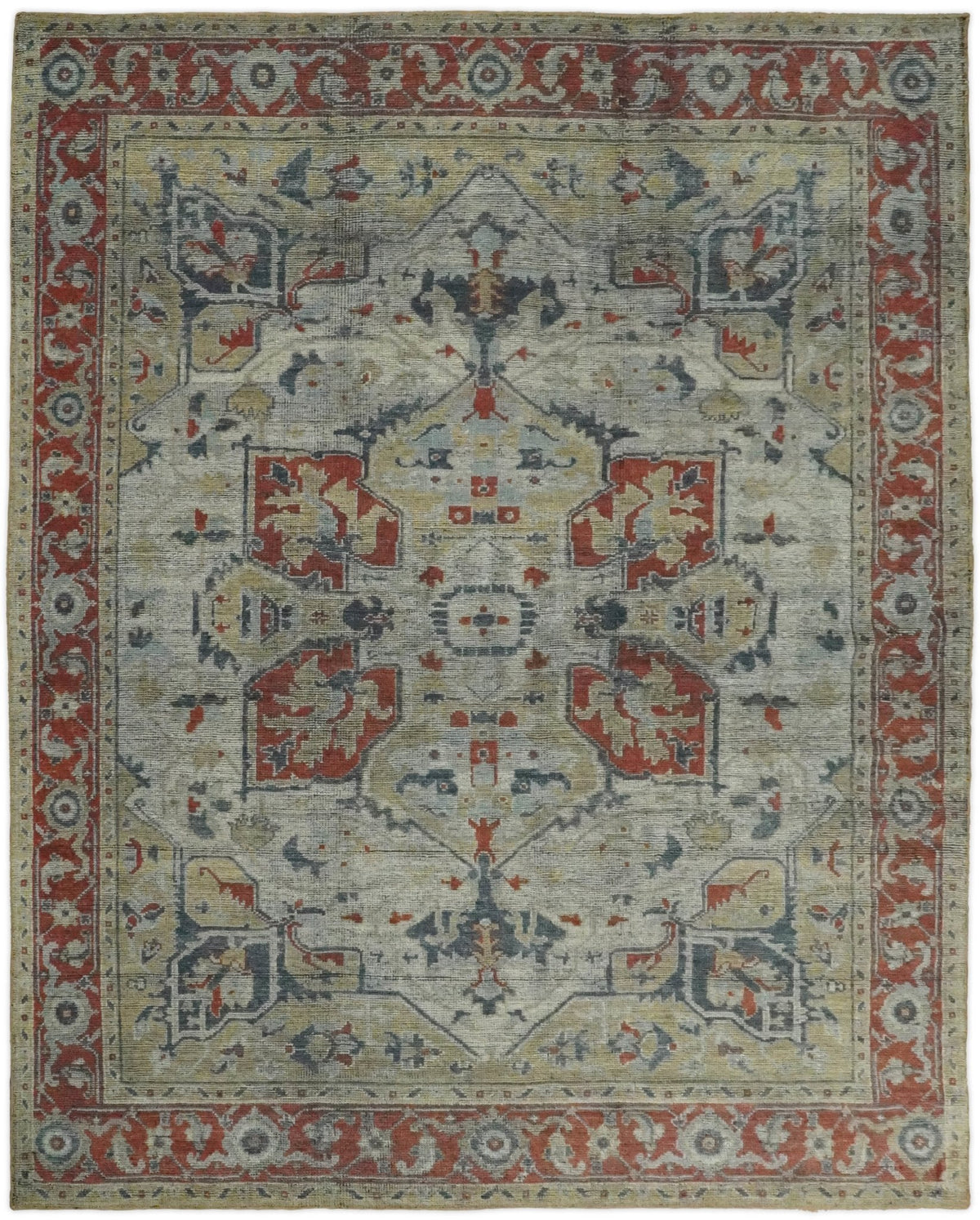 Distressed finished Beige and Brown Traditional Heriz Hand Knotted Wool Area Rug.