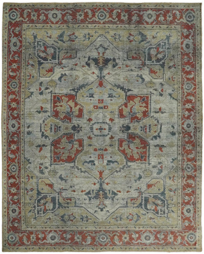 Distressed finished Beige and Brown Traditional Heriz Hand Knotted Wool Area Rug.