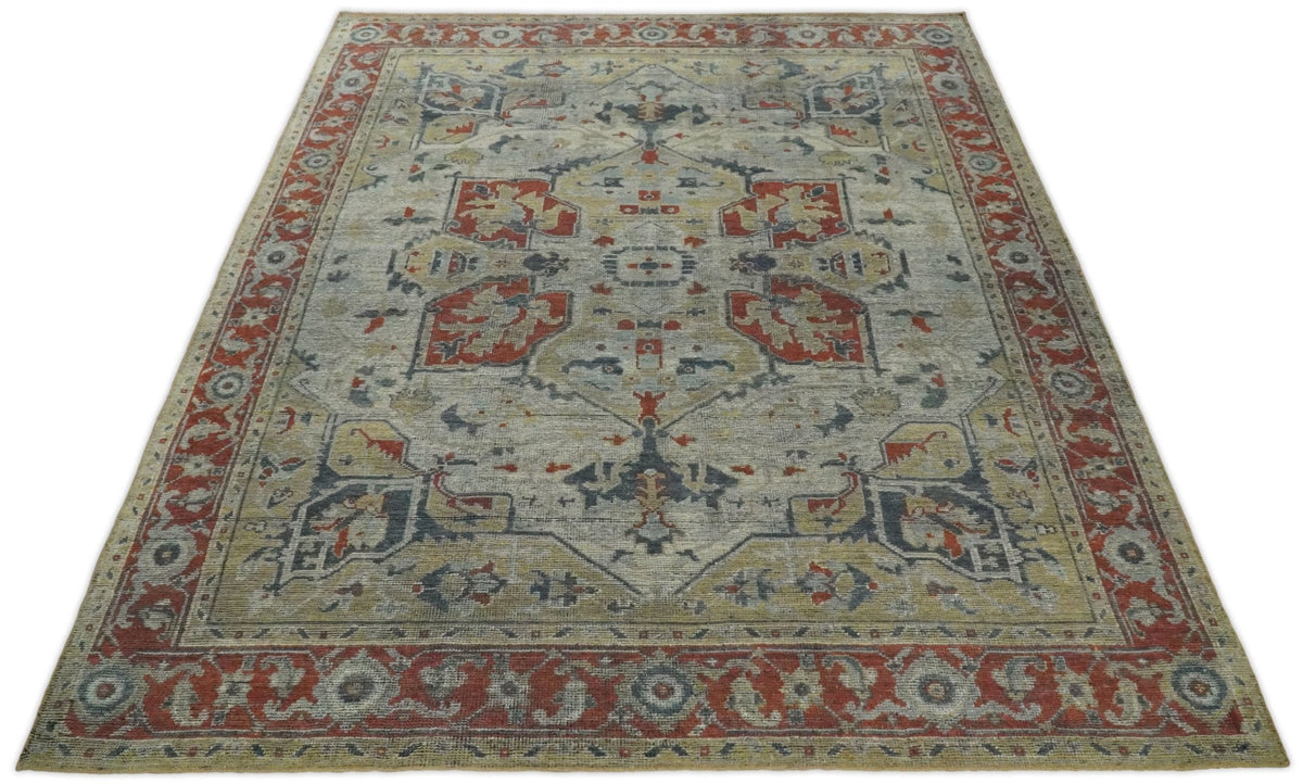 Distressed finished Beige and Brown Traditional Heriz Hand Knotted Wool Area Rug.