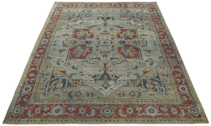 Distressed finished Beige and Brown Traditional Heriz Hand Knotted Wool Area Rug.