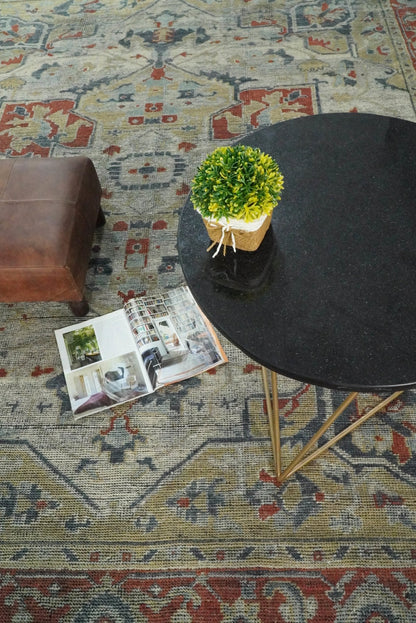 Distressed finished Beige and Brown Traditional Heriz Hand Knotted Wool Area Rug.
