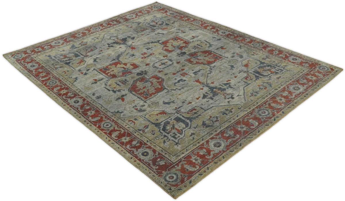 Distressed finished Beige and Brown Traditional Heriz Hand Knotted Wool Area Rug.