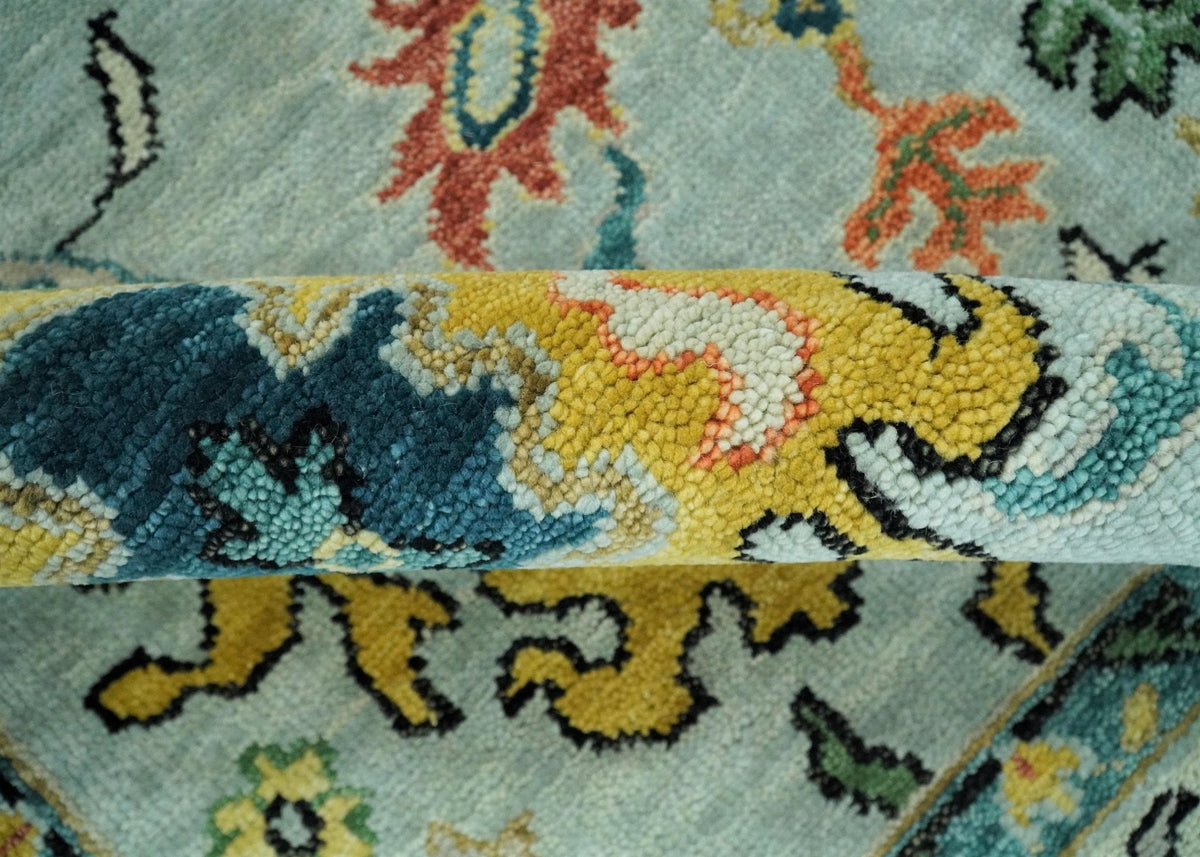 Vibrant Colorful Aqua, Ivory, Gold and Rust Hand Knotted Traditional Oushak Multi Size wool Area Rug.