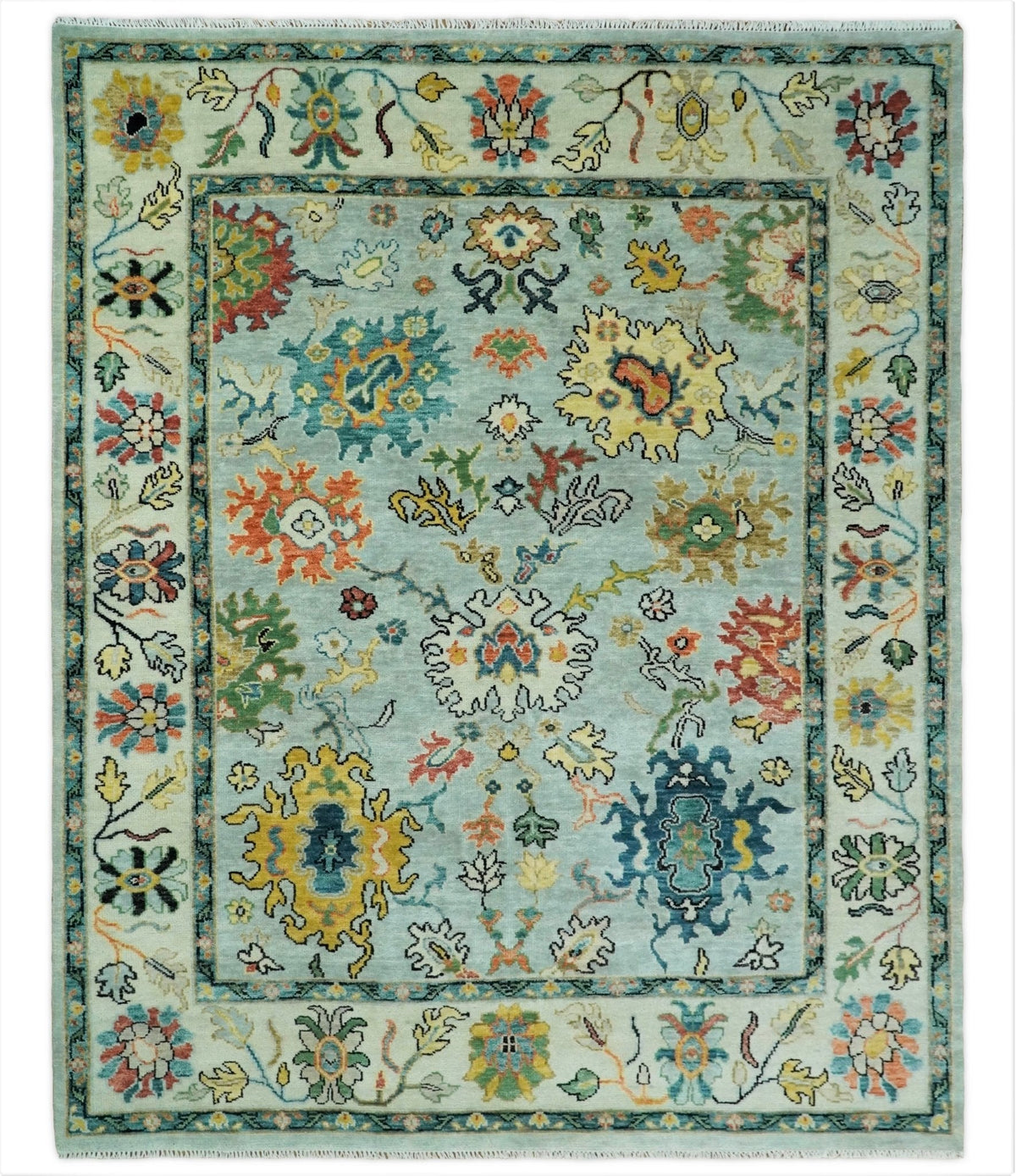 Vibrant Colorful Aqua, Ivory, Gold and Rust Hand Knotted Traditional Oushak Multi Size wool Area Rug.