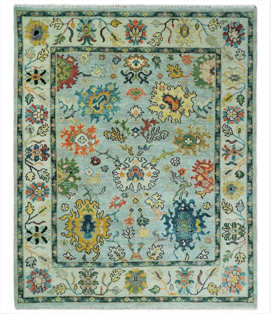 Vibrant Colorful Aqua, Ivory, Gold and Rust Hand Knotted Traditional Oushak Multi Size wool Area Rug.