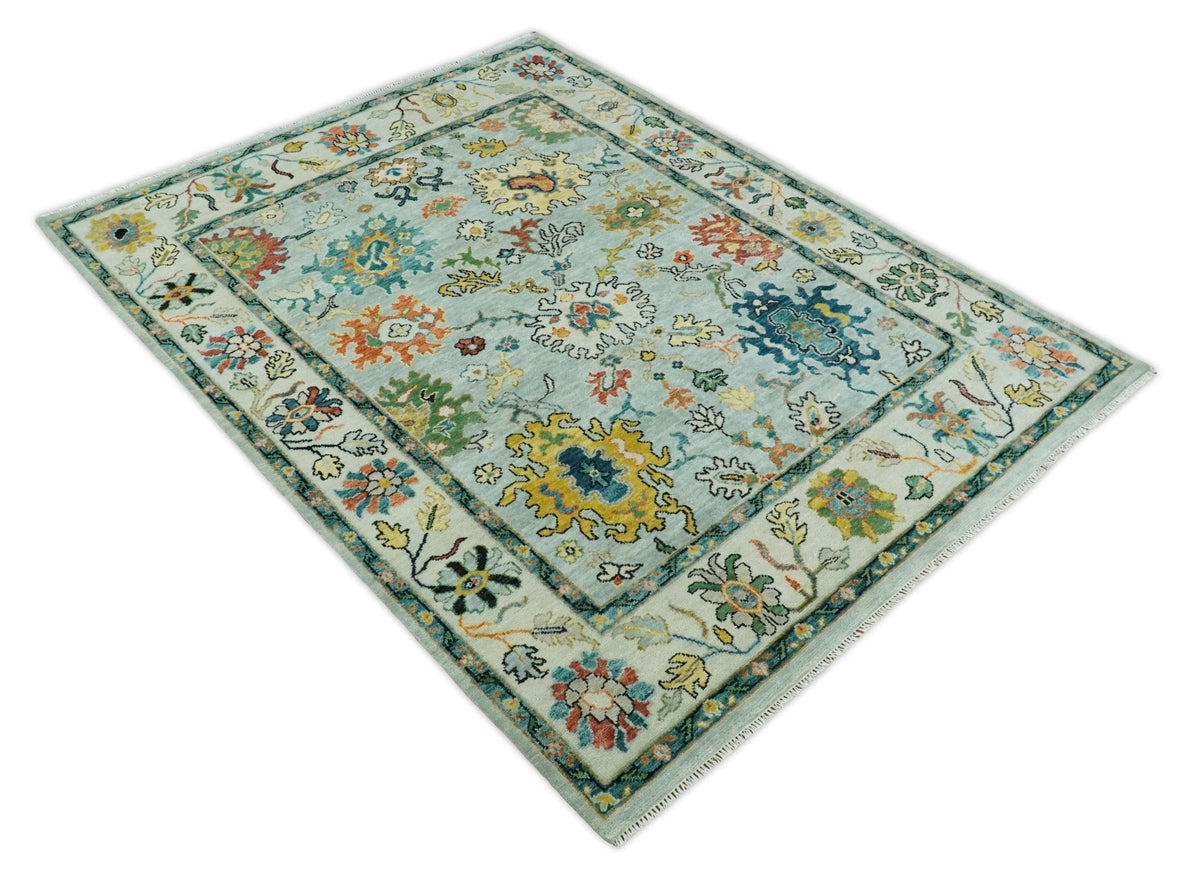 Vibrant Colorful Aqua, Ivory, Gold and Rust Hand Knotted Traditional Oushak Multi Size wool Area Rug.