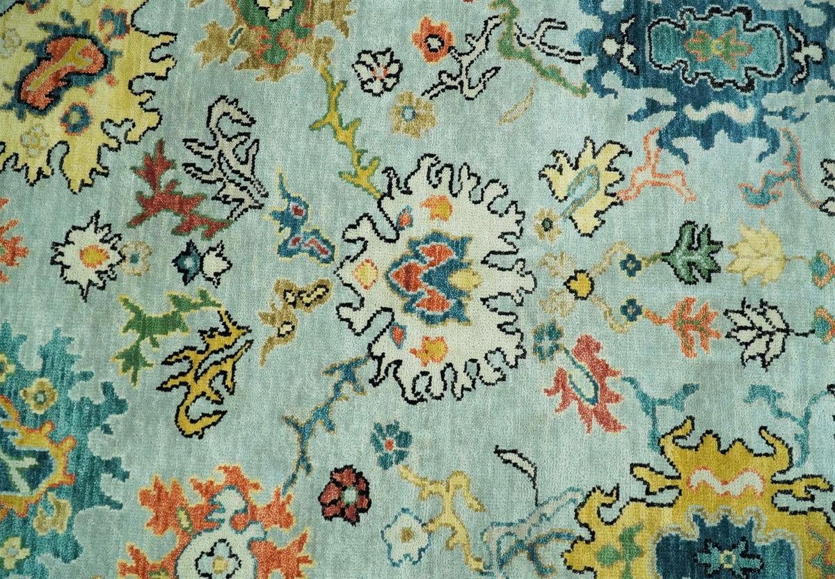 Vibrant Colorful Aqua, Ivory, Gold and Rust Hand Knotted Traditional Oushak Multi Size wool Area Rug.