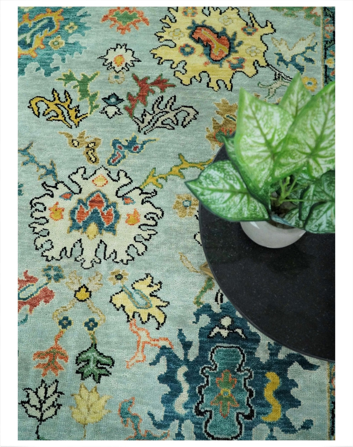 Vibrant Colorful Aqua, Ivory, Gold and Rust Hand Knotted Traditional Oushak Multi Size wool Area Rug.