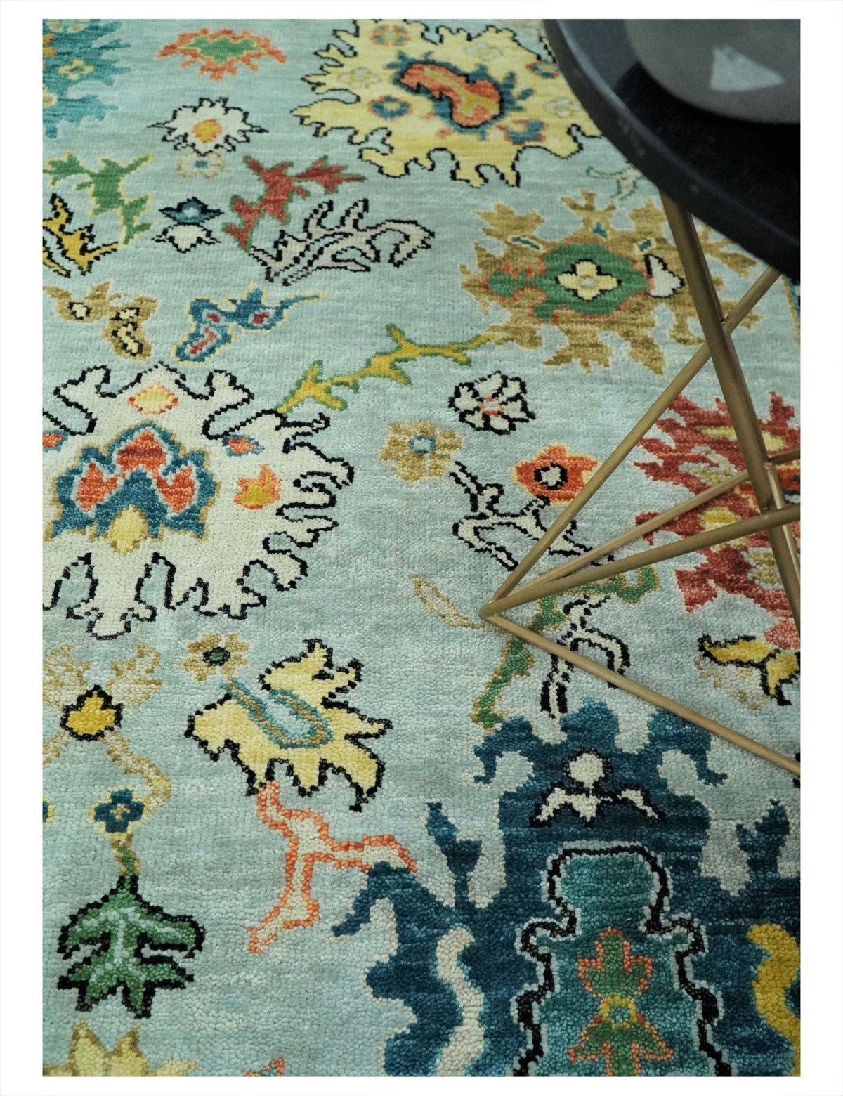 Vibrant Colorful Aqua, Ivory, Gold and Rust Hand Knotted Traditional Oushak Multi Size wool Area Rug.