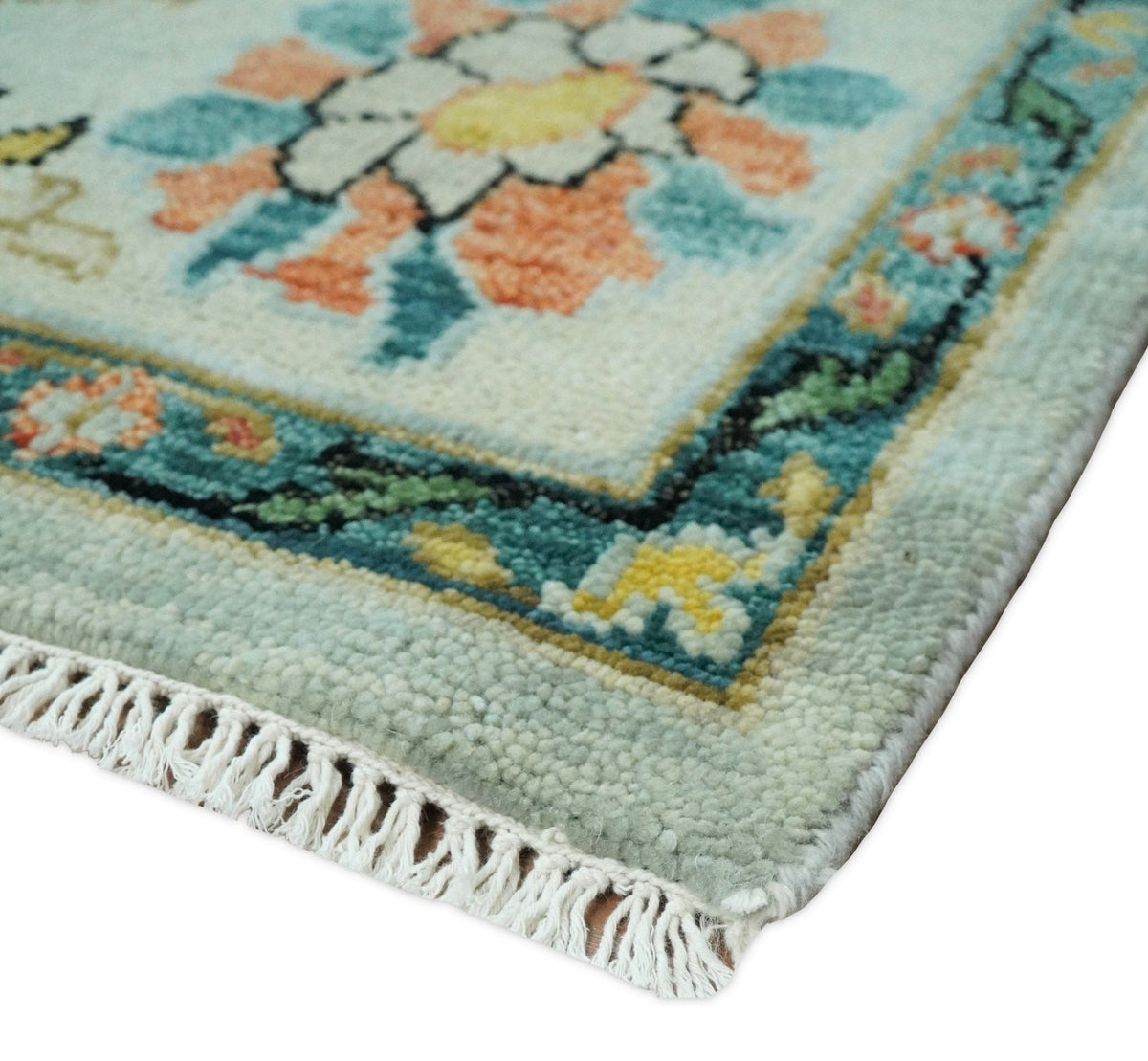 Vibrant Colorful Aqua, Ivory, Gold and Rust Hand Knotted Traditional Oushak Multi Size wool Area Rug.